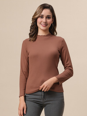FBAR Casual Self Design Women Brown Top