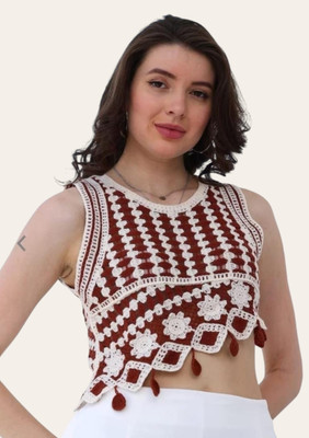 Classye Creation Casual Embroidered Women Brown Top
