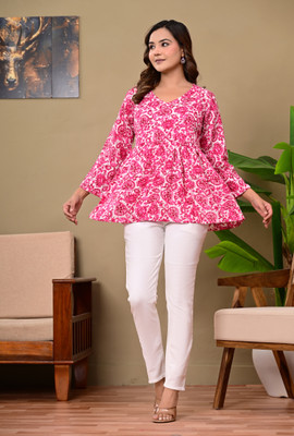 yuvti Casual Printed Women Pink Top