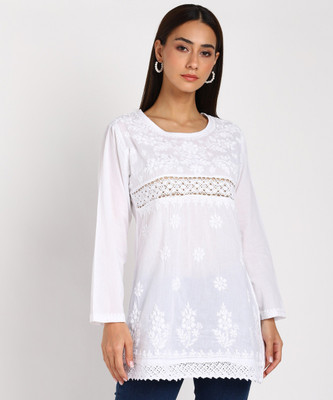 VAHSON Casual 3/4 Sleeve Self Design, Embroidered Women White Top