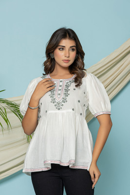 MS Ghumman Casual Embroidered Women White Top