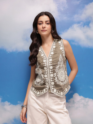 CORSICA Casual Embroidered Women Brown Top