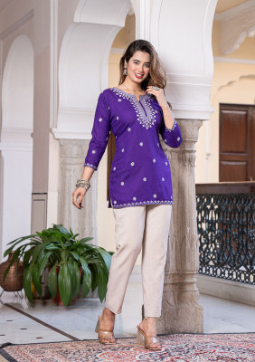khfashion Casual Embroidered Women Purple Top