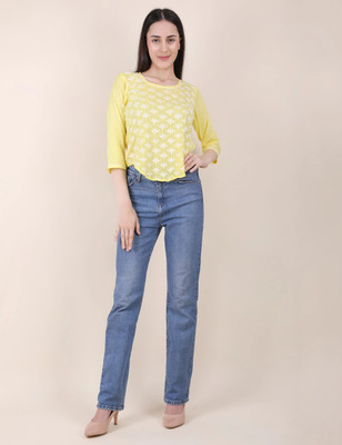 SHWET Casual Embroidered Women Yellow Top