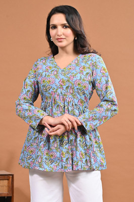 Knitts Fashion Casual Floral Print Women Light Blue Top