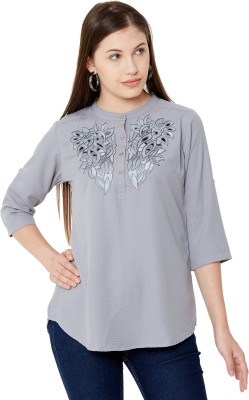 GO.4.IT Casual 3/4 Sleeve Embroidered Women Grey Top