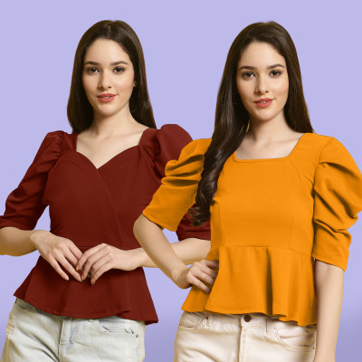 Fabflee Casual Solid Women Yellow, Maroon Top