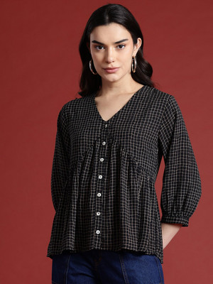 all about you Casual Checkered Women Black, Beige Top