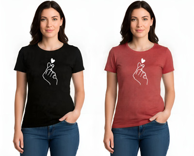 Blueribon Casual Solid, Printed Women Black, Red Top
