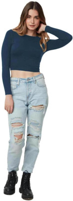 THE BLAZZE Casual Solid Women Dark Blue Top