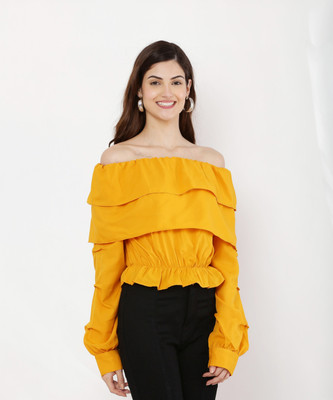 JuglyGirls Casual Solid Women Yellow Top