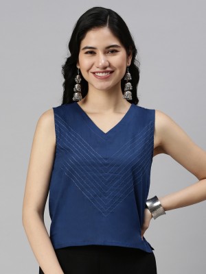 De Moza Casual Embroidered Women Blue Top