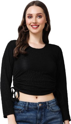 POPWINGS Casual Solid Women Black Top