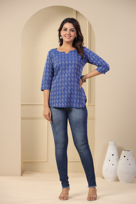 CotTierra Women Ikat A-line Kurta(Blue)