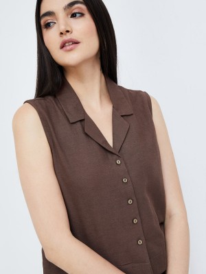 CODE Casual Solid Women Brown Top