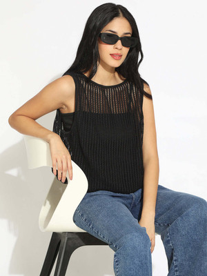 SHOWOFFFF Casual Self Design Women Black Top