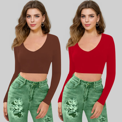 Dream Beauty Fashion Casual Solid Women Red, Brown Top