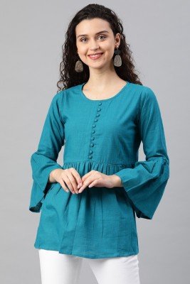 Yash Gallery Casual Bell Sleeve Solid Women Blue Top