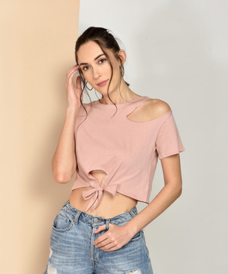 Chimpaaanzee Casual Short Sleeve Solid Women Pink Top