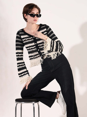 SHOWOFFFF Casual Self Design Women Black Top