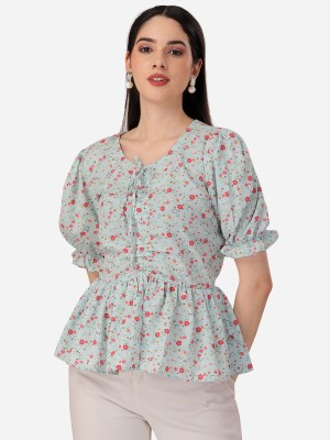 winelady Casual Floral Print Women Light Blue Top