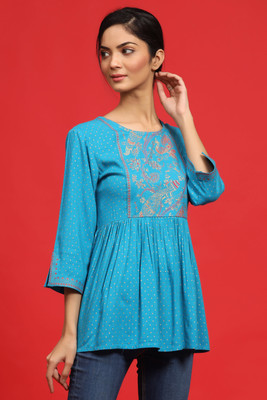 Juniper Party 3/4 Sleeve Polka Print Women Light Blue Top