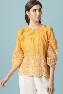 Gipsy Woman Casual Embroidered Women Yellow Top