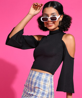 VICIA Casual Solid Women Black Top