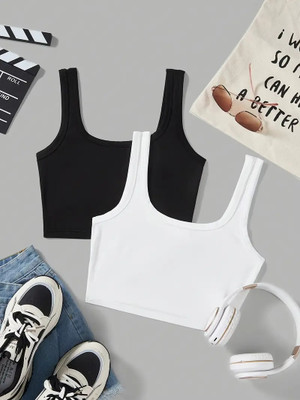 Preeo Casual Solid Women Black, White Top