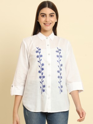 Rudraaksha Casual Embroidered Women White Top