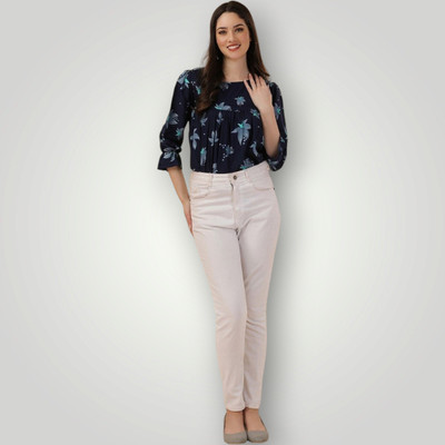 KALLAXI Casual Self Design Women Dark Blue Top