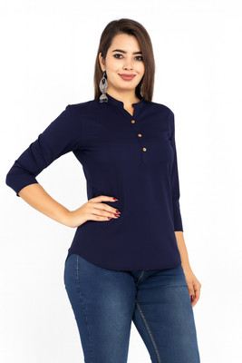 Moda Casa Casual Solid Women Dark Blue Top