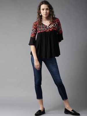 HERE&NOW Casual 3/4 Sleeve Printed Women Black Top