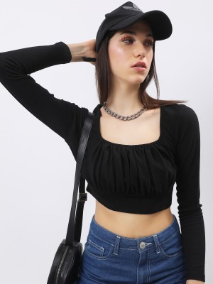 Tokyo Talkies Casual Self Design Women Black Top