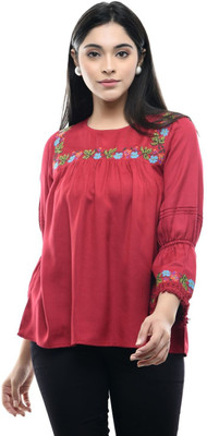 Maahi Casual 3/4 Sleeve Embroidered Women Maroon Top