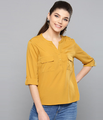 HARPA Casual Roll-up Sleeve Solid Women Yellow Top