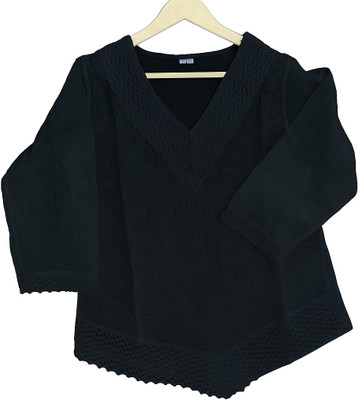 Werandsons Casual Embroidered Women Black Top