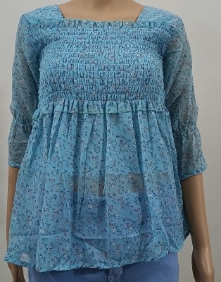 Nandini Casual Floral Print Women Light Blue Top