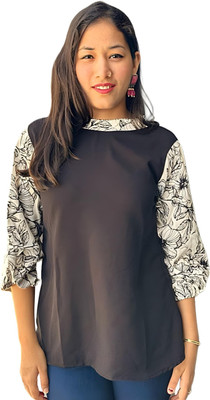 MRIDA Casual Solid, Printed Women Black Top