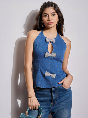 SASSAFRAS Casual Solid Women Blue Top