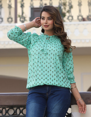 FASHION FALCON Casual Floral Print Women Green Top