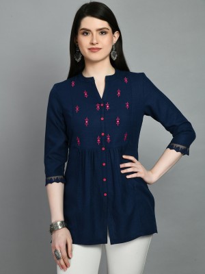 Meesan Casual Solid, Embroidered Women Blue Top