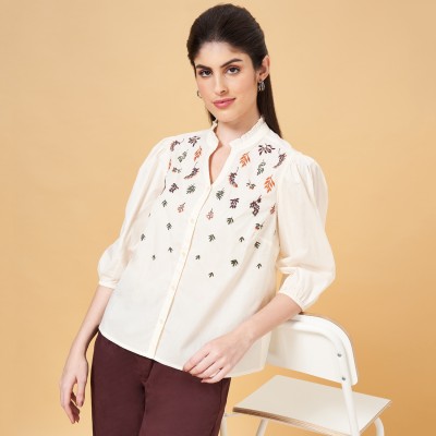 Honey By Pantaloons Casual Embroidered Women Beige Top