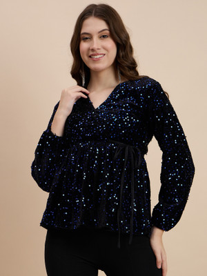 DRAPE AND DAZZLE Party Self Design Women Blue Top
