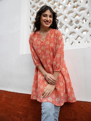 Janasya Casual Printed, Floral Print Women Orange, White, Pink Top