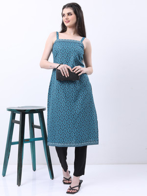 Vishudh Women Printed A-line Kurta(Light Blue)