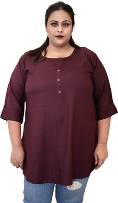 myplusfashion Casual Solid Women Brown Top