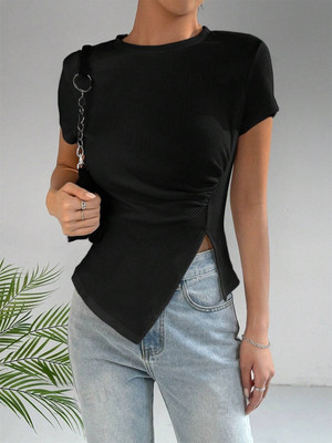 Moda Rapido Casual Solid Women Black Top