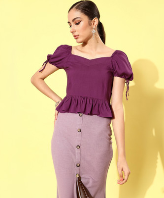 RARE Casual Solid Women Purple Top