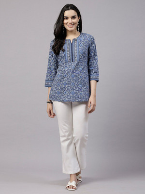 Kirnya Women Printed Straight Kurta(Blue)